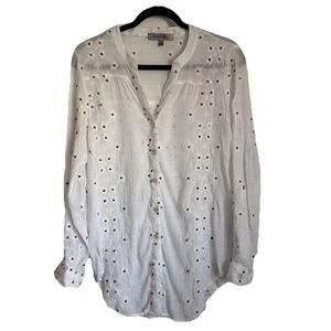 Figueroa & Flower Womens L Embroidered Floral Long Sleeve Tunic Top Boho Gauzy